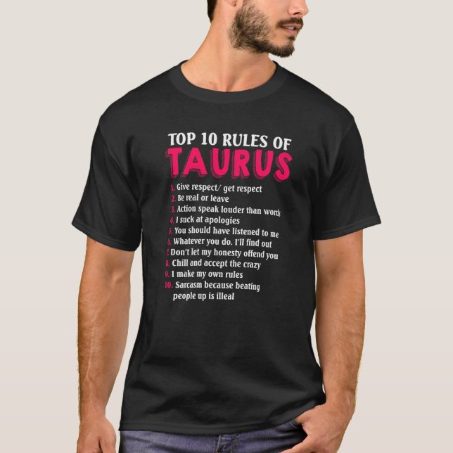 Camiseta 10 Principais Regras Do Sinal De Taurus Zodiac (Frente)