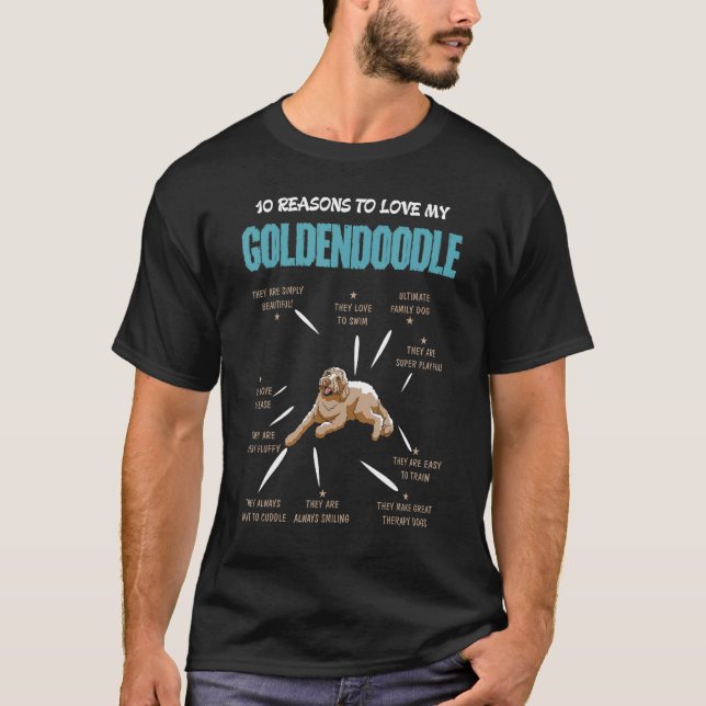 Camiseta 10 Razões Para Amar O Cachorro De Goldendoodle (Frente)