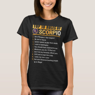 Camiseta 10 regras principais para Scorpio Zodiac Aniversár