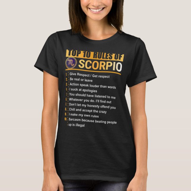 Camiseta 10 regras principais para Scorpio Zodiac Aniversár (Frente)