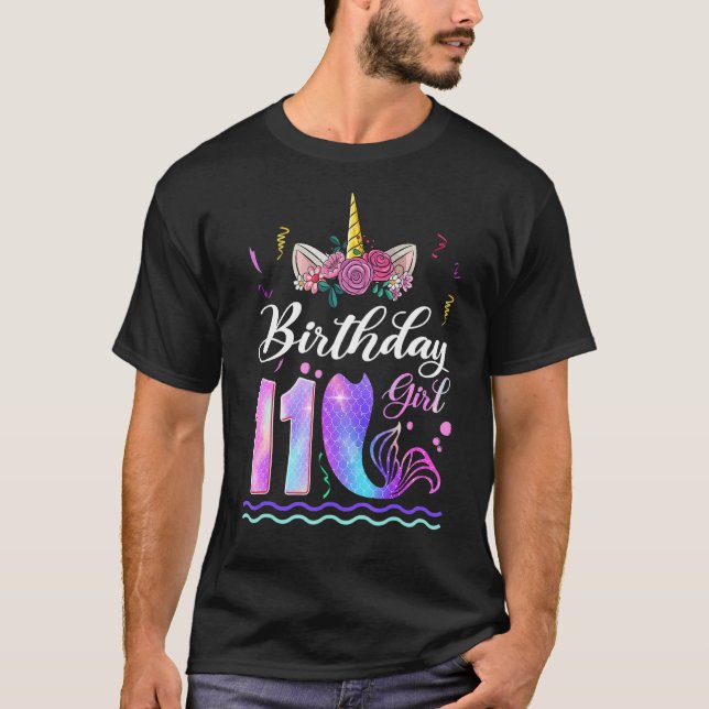Camiseta 11 Birthday Girl Unicorn Mermaid 11 Anos (Frente)