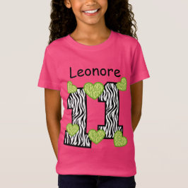 Camiseta 11 Birthday Zebra Green Hearts Nome Personalizado