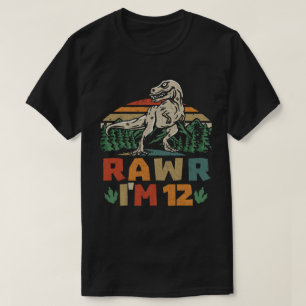 Camiseta 12 Birthday Dinossaur T Rex Rawr Eu tenho 12 anos