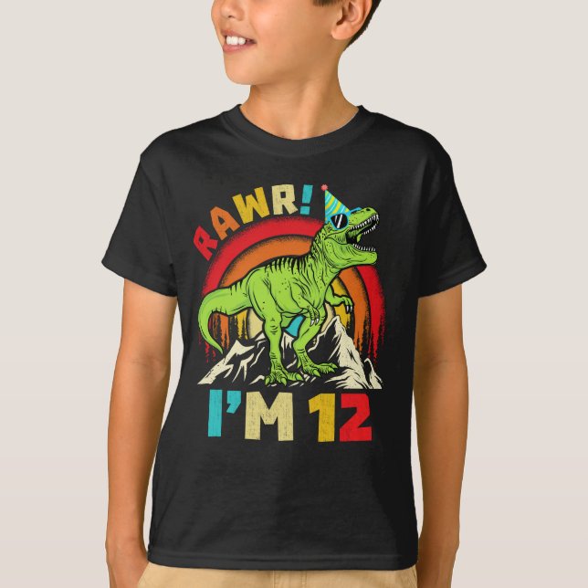 Camiseta 12 Birthday Dinossaur T Rex Rawr Eu tenho 12 anos  (Frente)