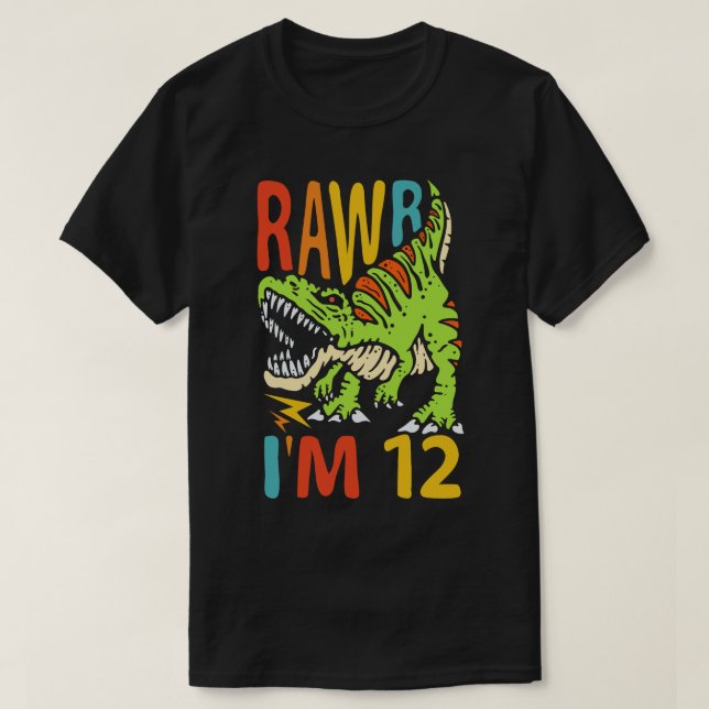 Camiseta 12 Birthday Dinossaur T Rex Rawr Eu tenho 12 anos  (Frente do Design)