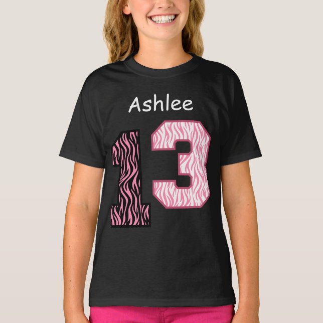 Camiseta 13 Birthday Pink Zebra Nome Personalizado V024 (Frente)