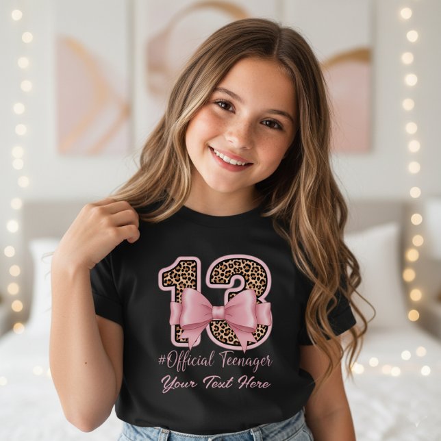 Camiseta 13th Birthday Gift Pink Leopard Print Bow  (Criador carregado)