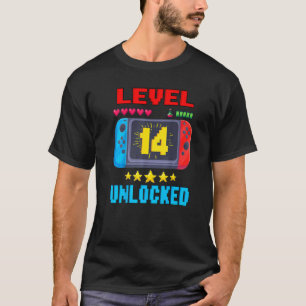 Camiseta 14 Birthday Boy Level 14 Desbloqueado Video Gamer