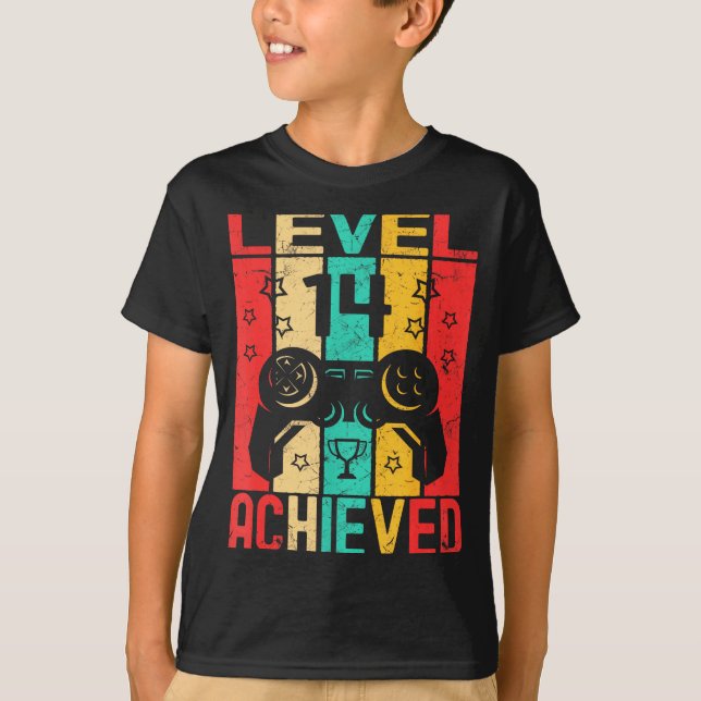 Camiseta 14th Birthday Level 14 Achieved Gamer Funny Birthd (Frente)