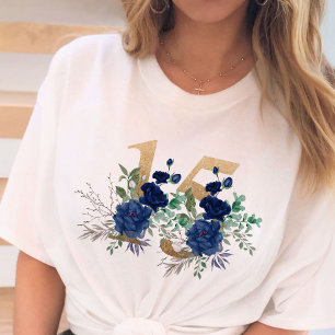 Camiseta 15 Aniversário Dourado Número Floral 15 Azul Ros