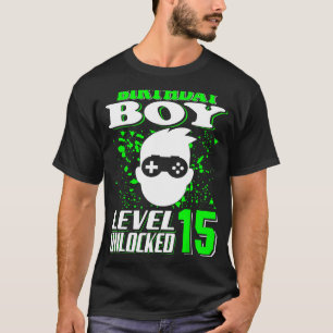 Camiseta 15 Birthday Boy Level 15 Desbloqueado Aniversário