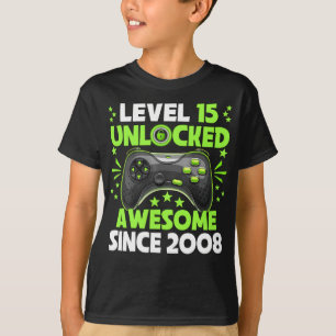 Camiseta 15 Birthday Boy Nível 15 Desbloqueado Incrível 200