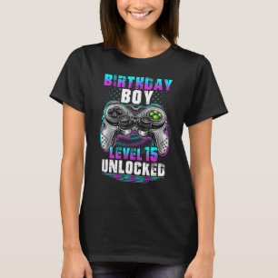 Camiseta 15 Birthday Gamer Gift Boys Nível 15 Desbloqueados