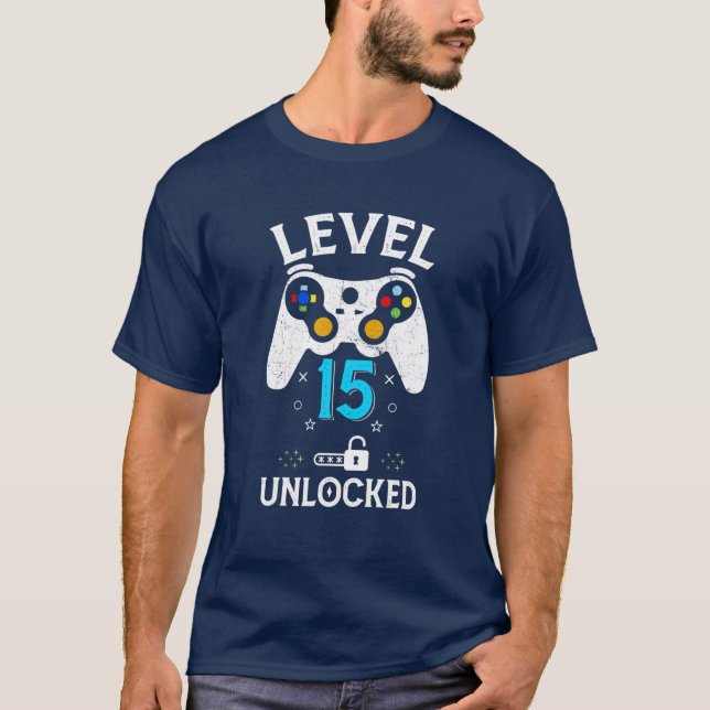 Camiseta 15 Birthday Gift Level 15 Desbloqueado Tee Funny V (Frente)