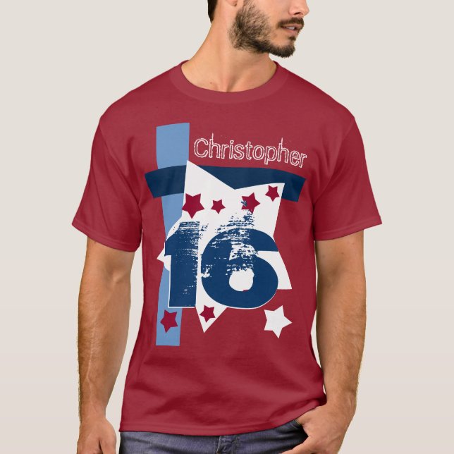 Camiseta 16º ANIVERSÁRIO VERMELHO BRANCO AZUL Personalizado (Frente)