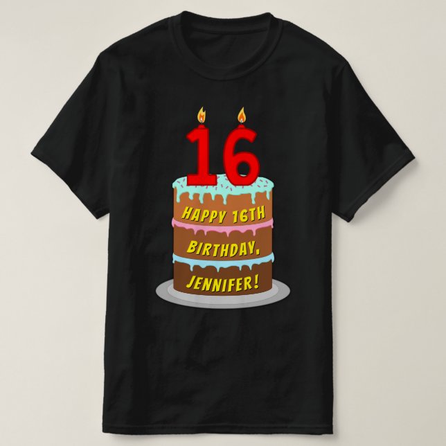 Camiseta 16.o aniversário — Bolo e Velas Divertidas, com no (Frente do Design)