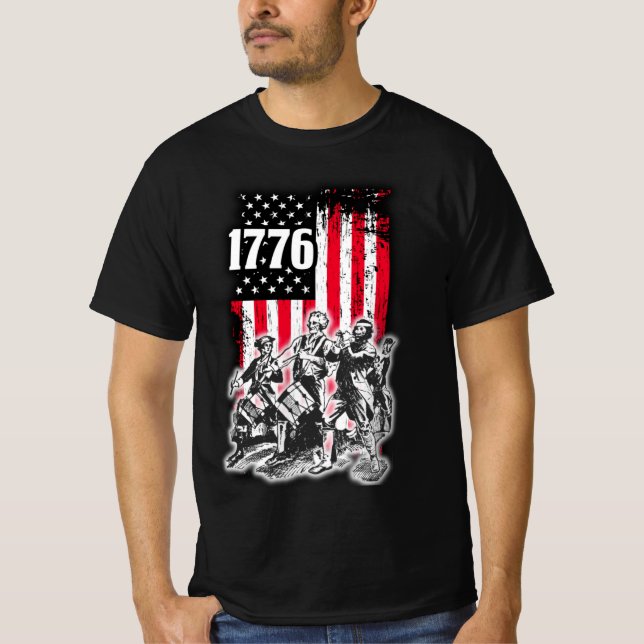 Camiseta 1776 Bandeira com imagem do Espírito de 76 Músicos (Frente)