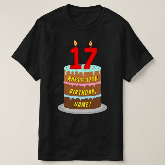 Camiseta 17.o aniversário — Bolo e Velas Divertidas, com no (Frente do Design)