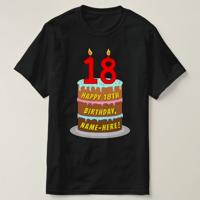 Camiseta 18.o aniversário — Bolo e Velas Divertidas, com no (Frente do Design)