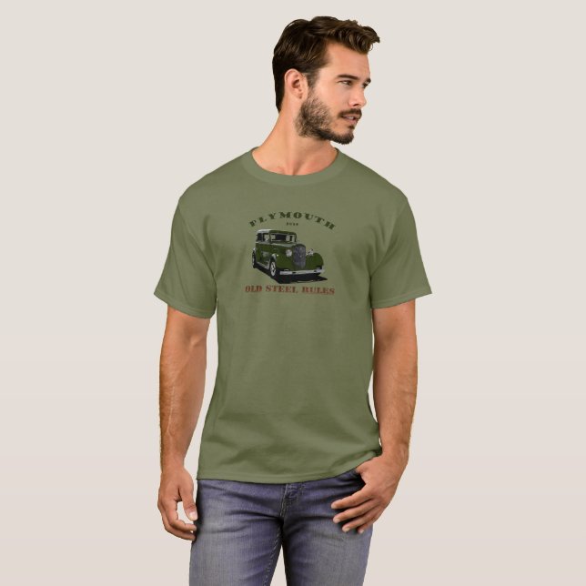 Camiseta 1934 Plymouth. Chrysler. Mopar. Barra verde ' 34. (Frente Completa)