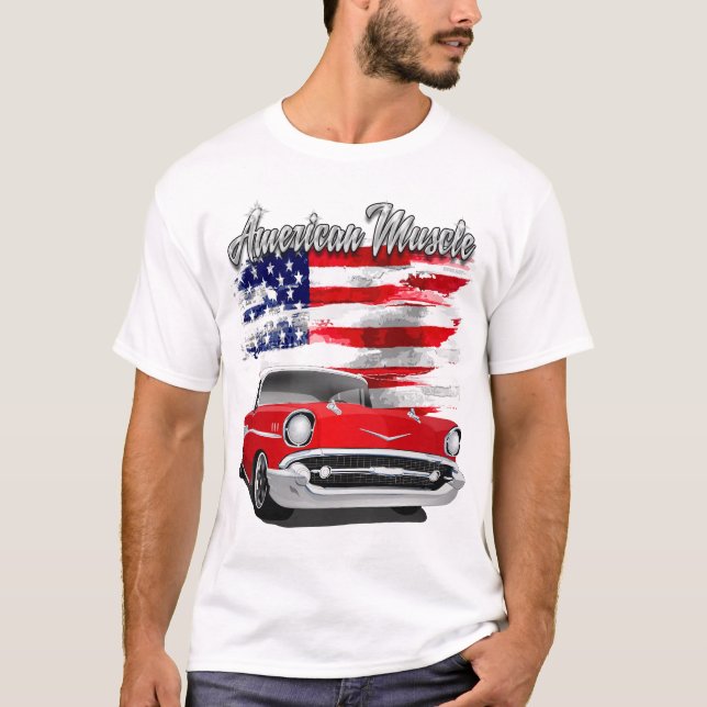 Camiseta 1957 Red and White American Muscle Chevy Bel Air (Frente)
