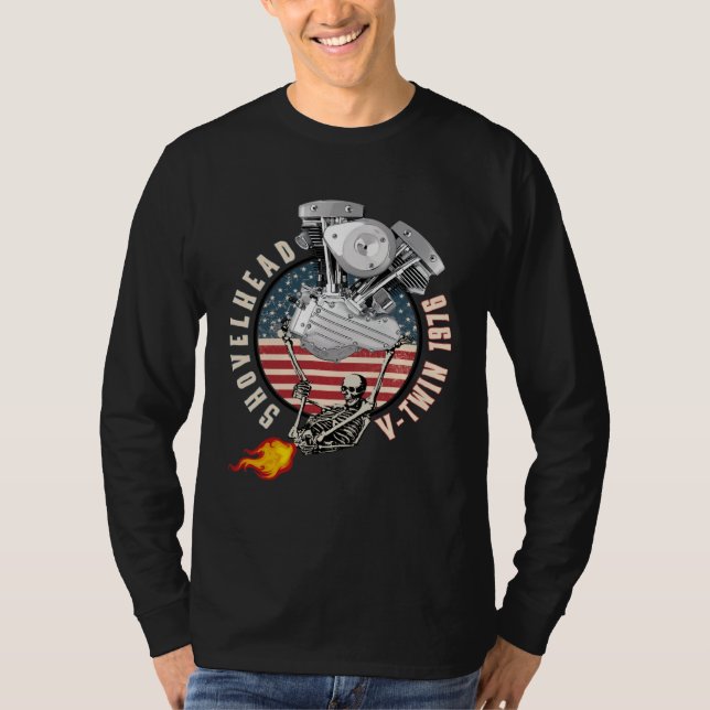 Camiseta 1976 HD Shovelhead VTwin Flame Farting Motorcycle  (Frente)