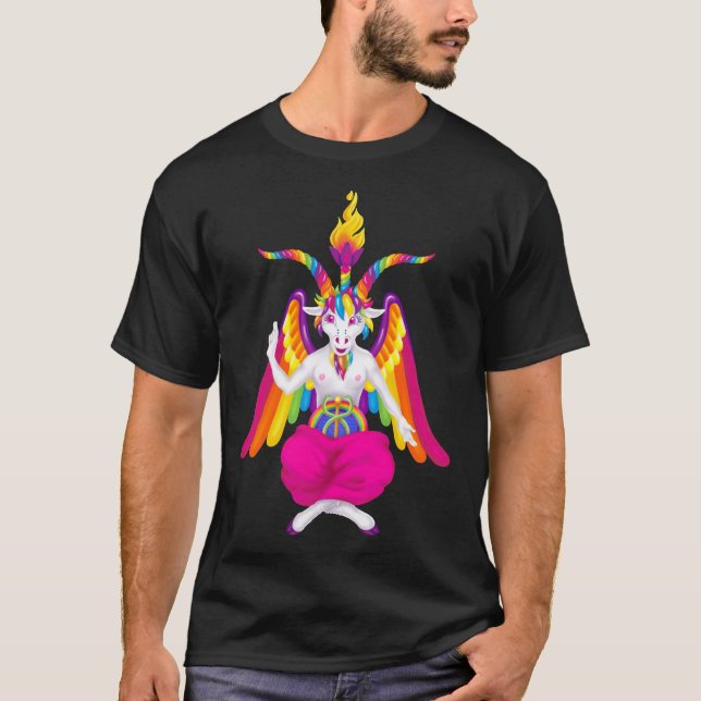Camiseta 1997 Neon Rainbow Baphomet AGORA COM GOATUNICORN N (Frente)