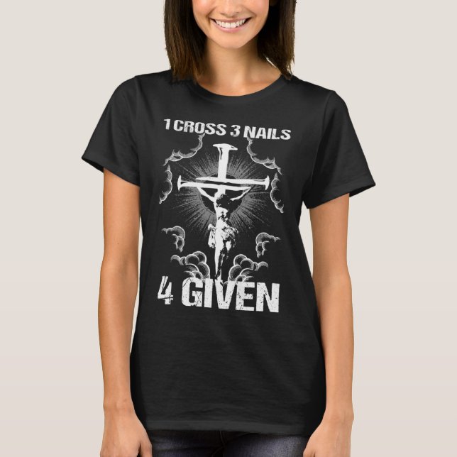 Camiseta 1 Cruz 3 Pregos 4 Dados Eu Versículo Bíblico (Frente)