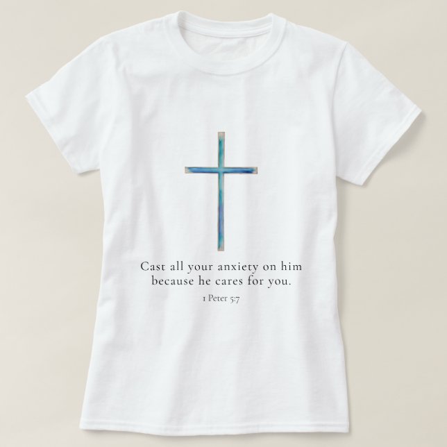 Camiseta 1 Peter 5:7 Cruz Minimalista (Frente do Design)