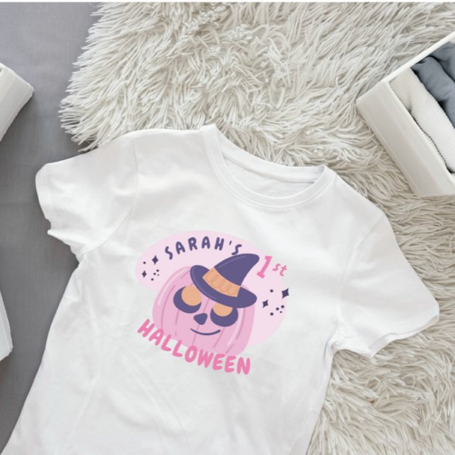 Camiseta 1rua de abóbora rosa-rosa e abóbora-púrpura (first halloween, personalize name, pink pumpkin)