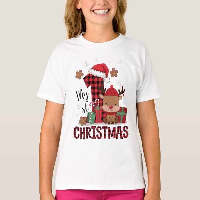 Camiseta 1rua de Natal Santa Hat White Snow Reindeer (Frente)