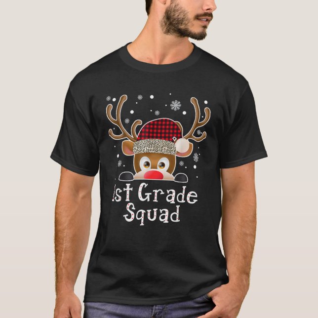 Camiseta 1rua Grau Xadrez Esquadrão Reindeer Santa Hat Prof (Frente)