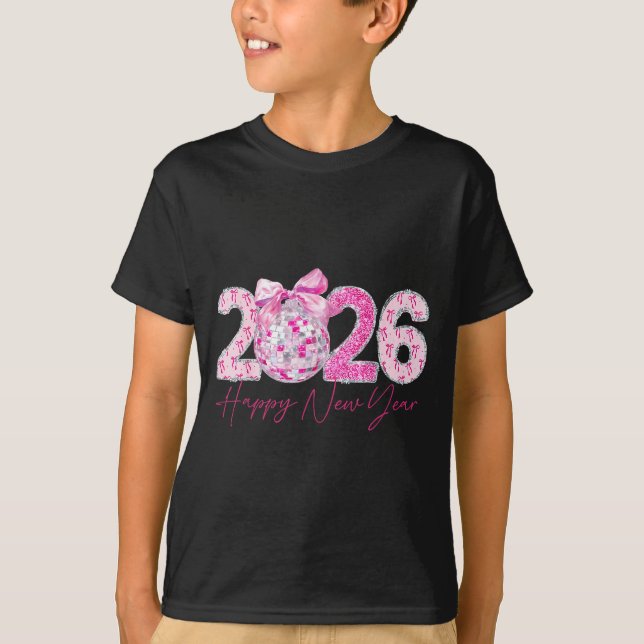 Camiseta 2026 Happy New Year Bow Patch Disco Ball  (Frente)
