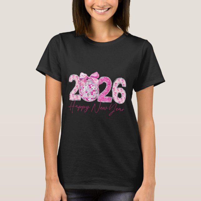 Camiseta 2026 Happy New Year Bow Patch Disco Ball  (Frente)
