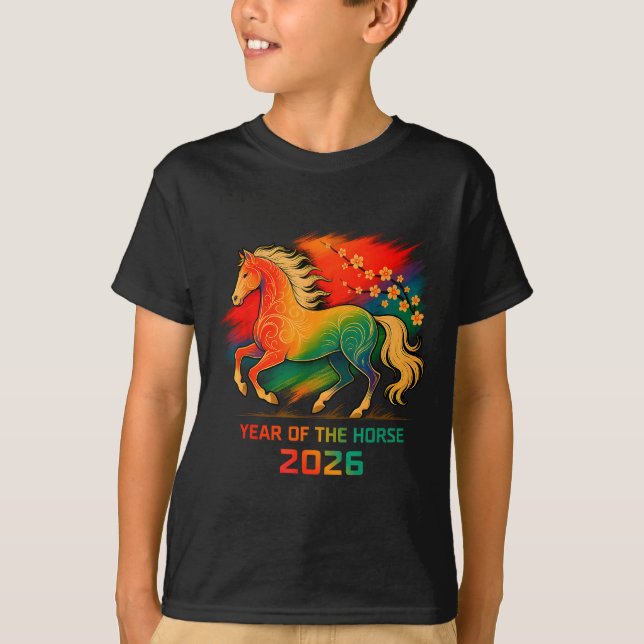 Camiseta 2026 Year Of The Horse Vibrant Zodiac Blossom Art  (Frente)