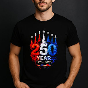 Camiseta 250 Anos Vermelho Branco Azul Fumaça Jatos EUA