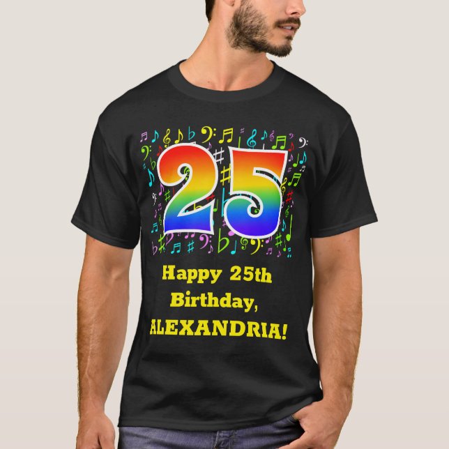 Camiseta 25 Aniversário: Símbolos Musicais Coloridos, Rainb (Frente)