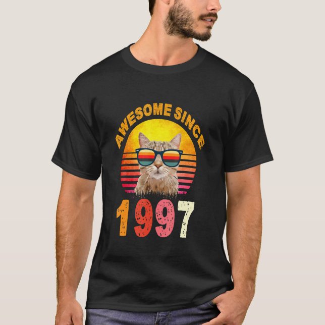 Camiseta 25 Birthday Vintage Cat Incrível Desde 1997 (Frente)