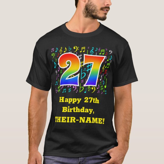 Camiseta 27.º aniversário: Símbolos de Música Coloridos, Ra (Frente)