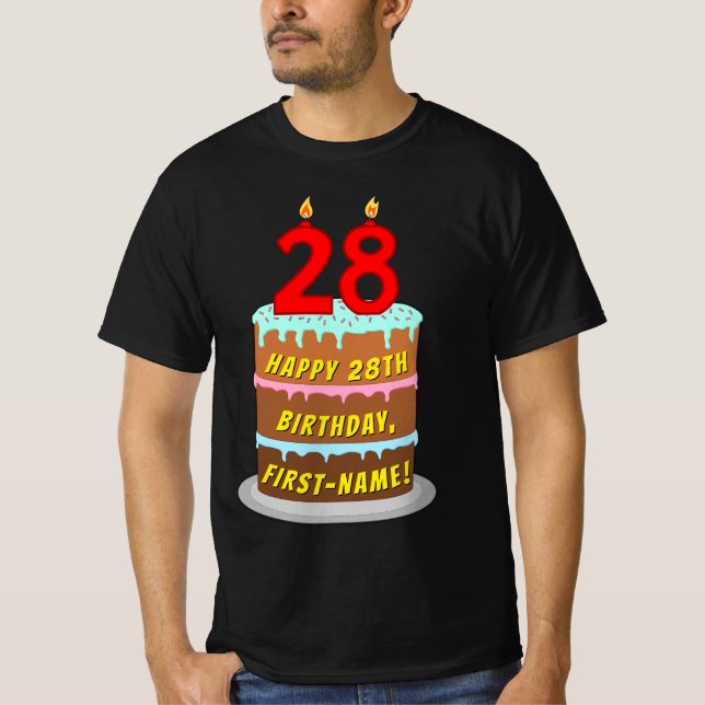 Camiseta 28.o aniversário — Bolo e Velas Divertidas, com no (Frente)