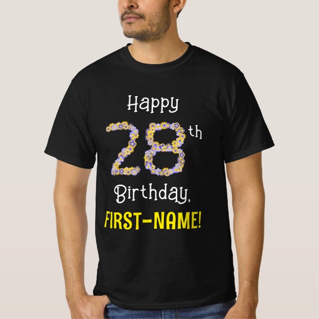 Camiseta 28.o aniversário: Flores Número "28" + Nome (Frente)