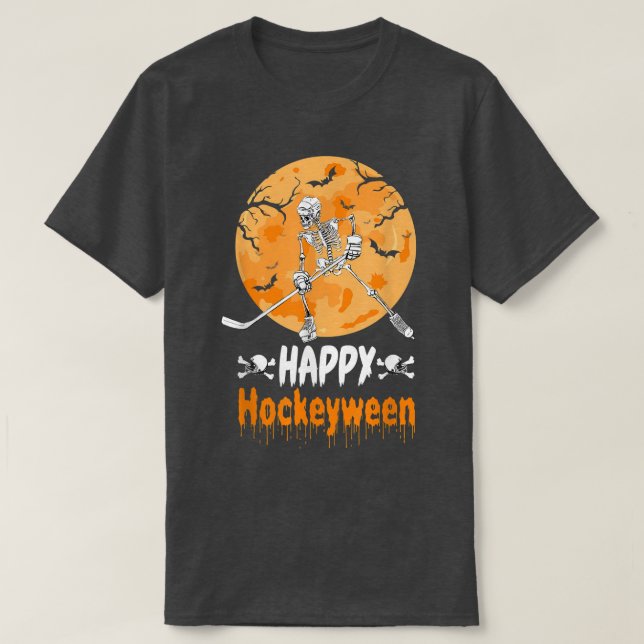 Camiseta 2AOL Happy Hockeyween Skeleton Hockey Player Hallo (Frente do Design)