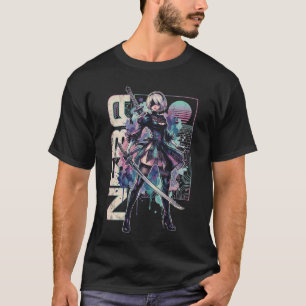 Camiseta 2B YoRHa NieR Vaporwave Retro 80s Rosa Teal Retrat