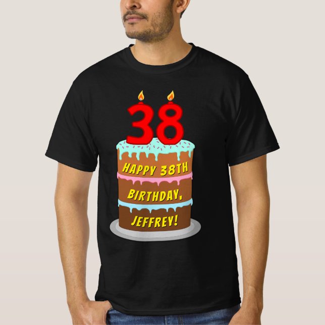 Camiseta 38.o aniversário — Bolo e Velas Divertidas, com no (Frente)