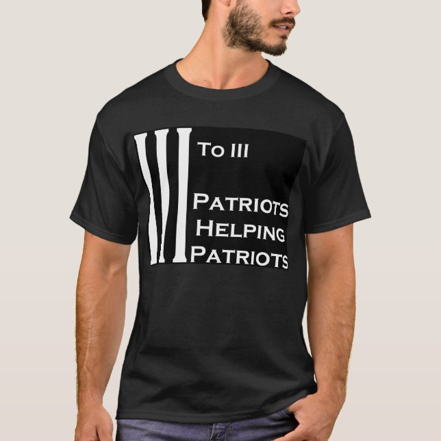 Camiseta 3 a 3 patriotas que ajudam sem fronteira preto dos (Frente)