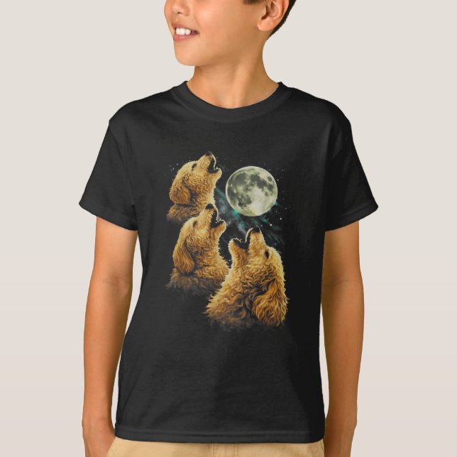 Camiseta 3 Cães Golden Doodle Uivando para a Lua Cachorros  (Frente)