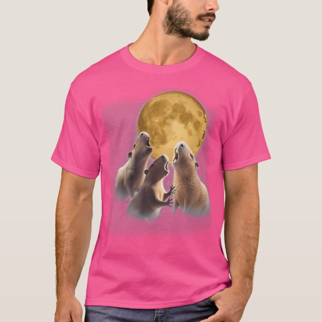 Camiseta 3 Capybara Howling Na Lua Funny Capybara Anim (Frente)