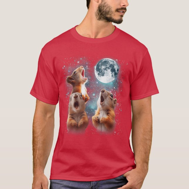 Camiseta 3 Esquilo Lua Uivando Cabeça de Esquilo Engraçado  (Frente)