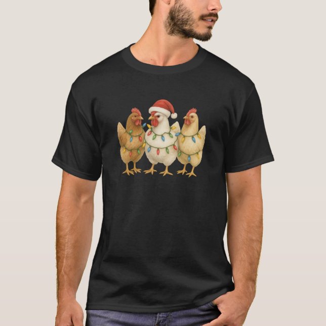 Camiseta 3 Frangos de Natal Luzes de Natal e Papais noeis h (Frente)