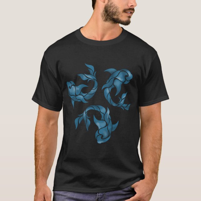 Camiseta 3 peixes tribais azuis (Frente)